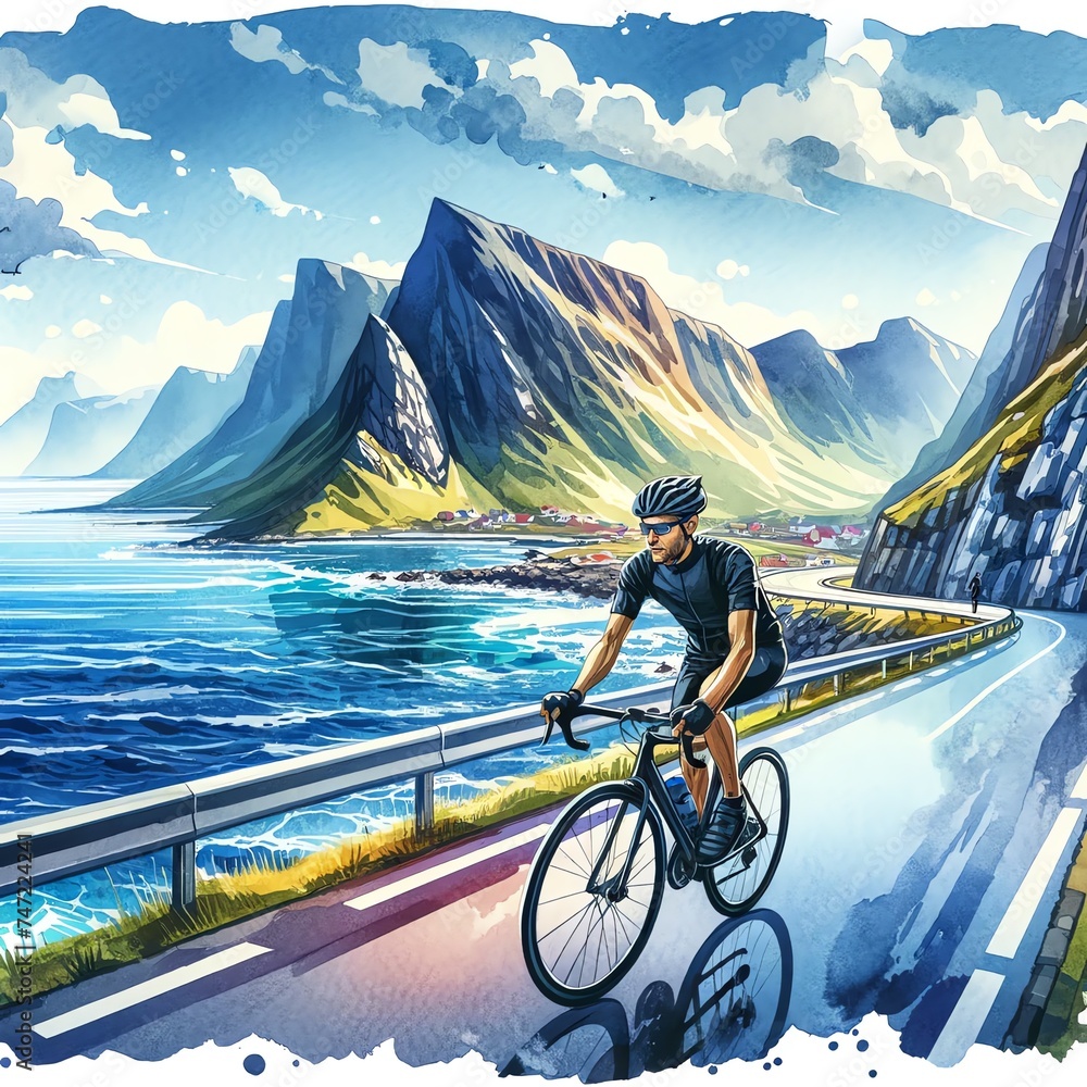 Watercolor Cyclist Riding Along an Ocean Mountain Road