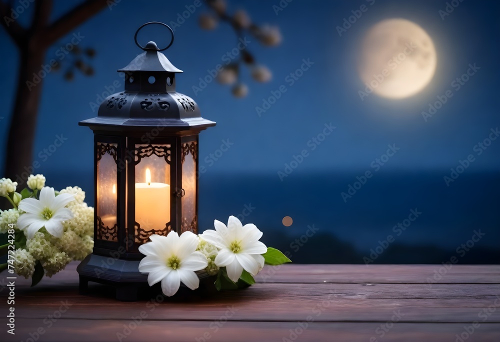 An ornate lantern with a flowers on a wooden surface Ramadan background An ornate lantern with a flowers on a wooden surface Ramadan background