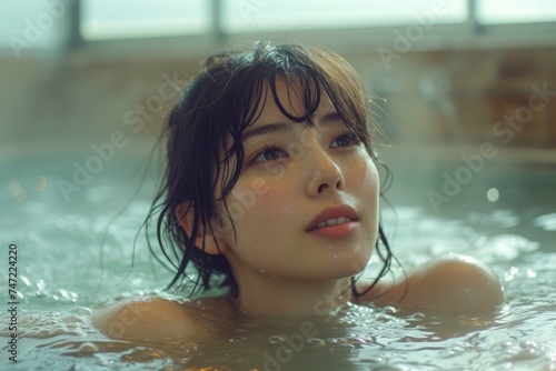 woman relaxing in a hot spring pool