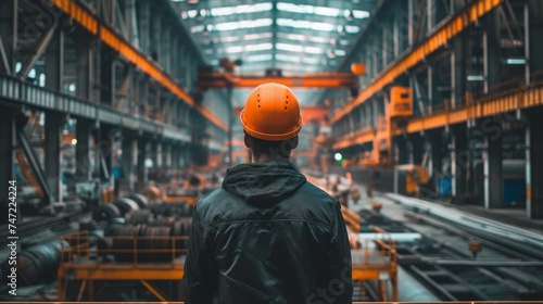 Engineer or Worker at Metallurgical plant or Steel Factory, Large Workshop Interior with industrial cranes and workers, Heavy Industry, Iron and Steelmaking.