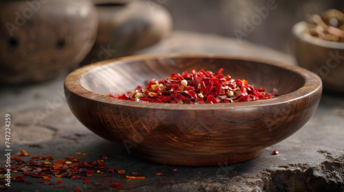 A wooden bowl filled with red peppers sits on a table.