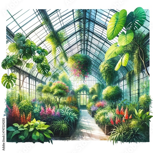 Watercolor Greenhouse or Conservatory Filled with Leaf Foliage Plants and Flowers