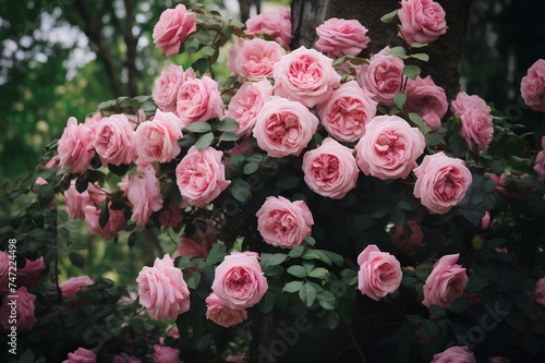 A stunning bouquet of pink roses set against a lush garden background, showcasing the delicate beauty of nature's most enchanting flowers.