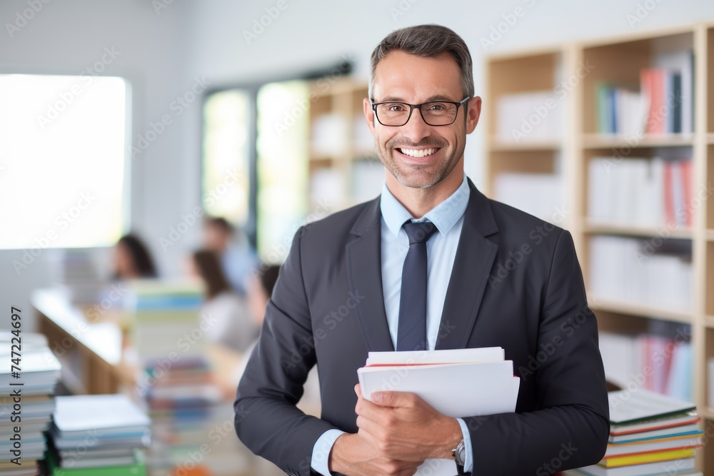 Portrait of smiling school teacher, handsome holding books, happy classroom