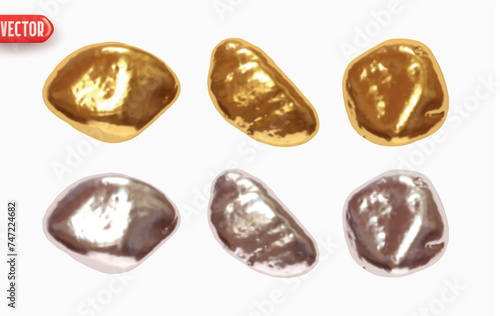 Golden and silver stones nugget, rock minerals. Set of gold and silver nuggets of different shapes of objects realistic 3d design. Design elements isolated on white background. Vector illustration