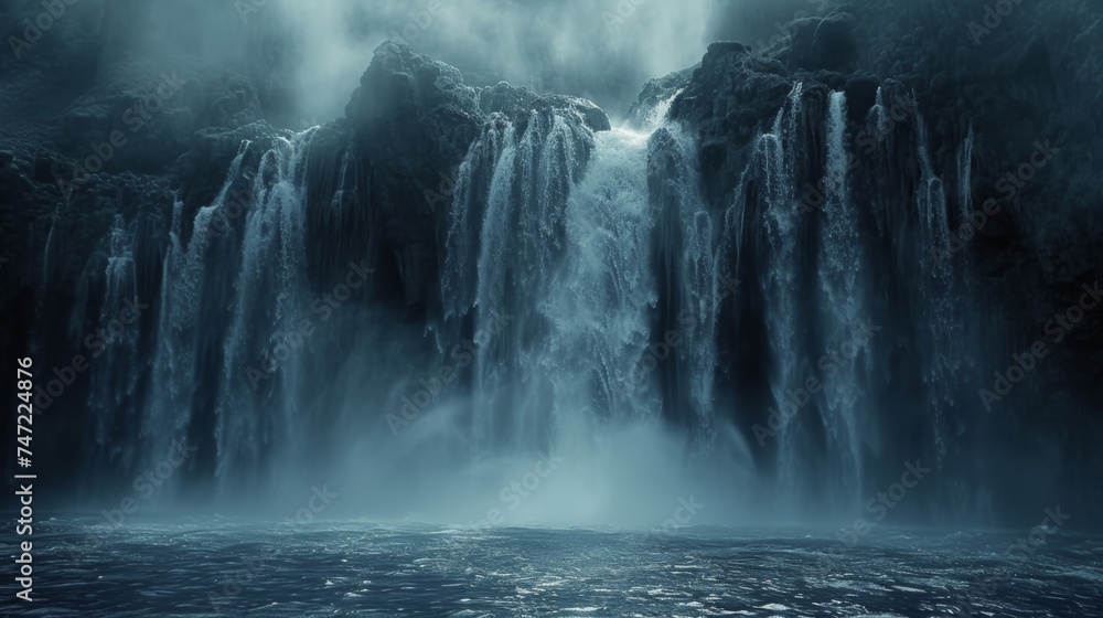 Closeup of a waterfall spilling over a cliff creating a mesmerizing curtain of water and mist. Closeup of a waterfall spilling over a cliff creating a mesmerizing curtain of water and mist.