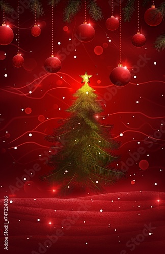 Christmas background with a tree and balls, in the style of dark red, free brushwork, vertical snow scenes, utilizes, flat, limited shading, faceted shapes. photo