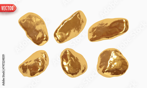 Golden stones nugget, rock minerals. Set of gold nuggets of different shapes of objects realistic 3d design. Design elements isolated on white background. Vector illustration