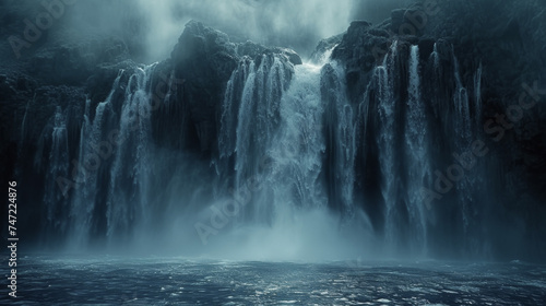 Closeup of a waterfall spilling over a cliff creating a mesmerizing curtain of water and mist.