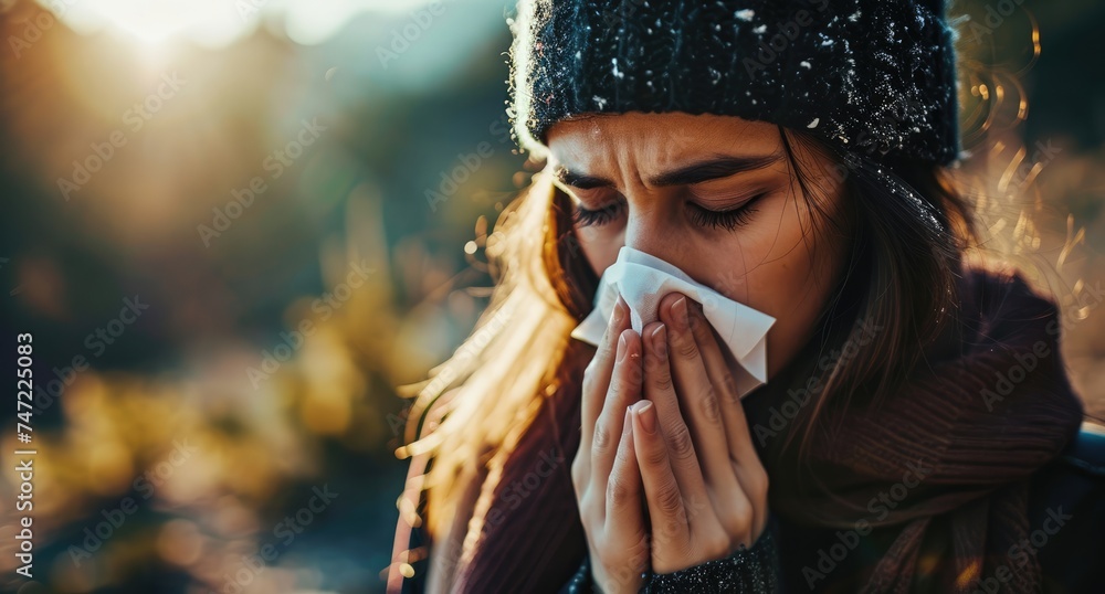 A woman, unwell with a runny nose, sneezes into a tissue, battling through the discomfort of allergies, cold, or flu symptoms during the challenging seasons A woman, unwell with a runny nose, sneezes into a tissue, battling through the discomfort of allergies, cold, or flu symptoms during the challenging seasons