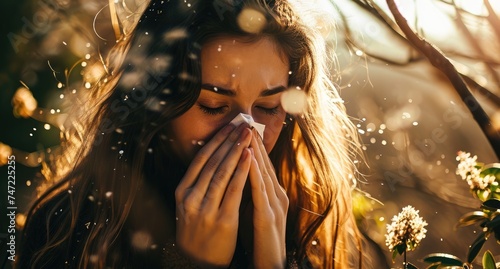 A woman, unwell with a runny nose, sneezes into a tissue, battling through the discomfort of allergies, cold, or flu symptoms during the challenging seasons