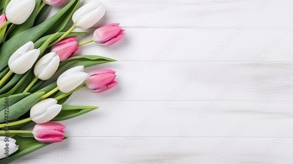 Top view of pink and white tulips on bright wood Top view of pink and white tulips on bright wood