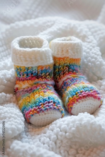 knitted children's shoes made of natural multicolored handmade wool. Warmth and comfort for newborns