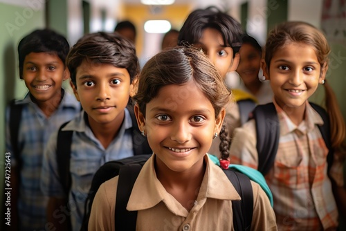 Group of cute Indian students in school,Teenage school kids smiling to camera in school 