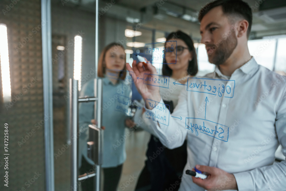 Obraz premium Blue color text. Office workers are creating plan, standing by glass and writing on it