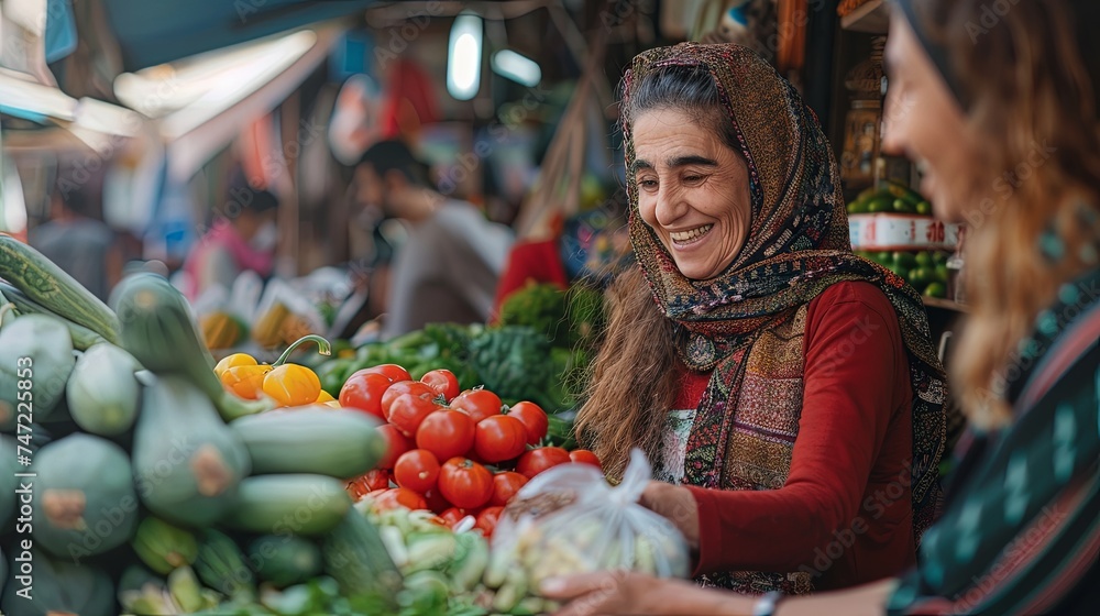 Portrait of two elederly woman at local food market buying and selling