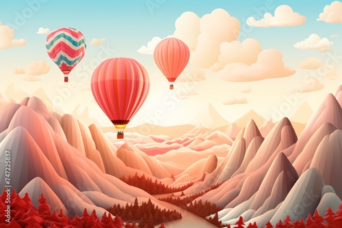 a group of hot air balloons over a valley