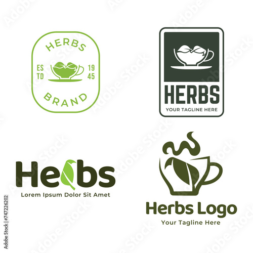 Set of vector herbs drink or Tea logos on a green background