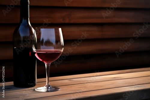 Wine glass and bottle placed on a wooden table in a restaurant, drinks and relaxation ​