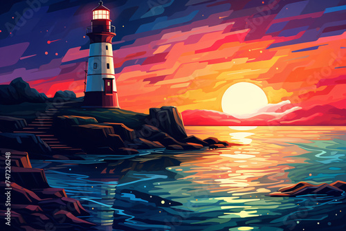 a lighthouse on a rocky island with a sunset