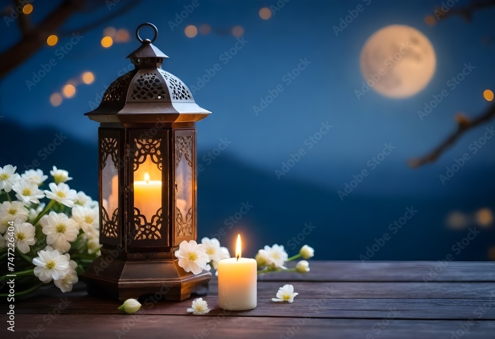An ornate lantern with a lit candle on a wooden surface Ramadan background An ornate lantern with a lit candle on a wooden surface Ramadan background
