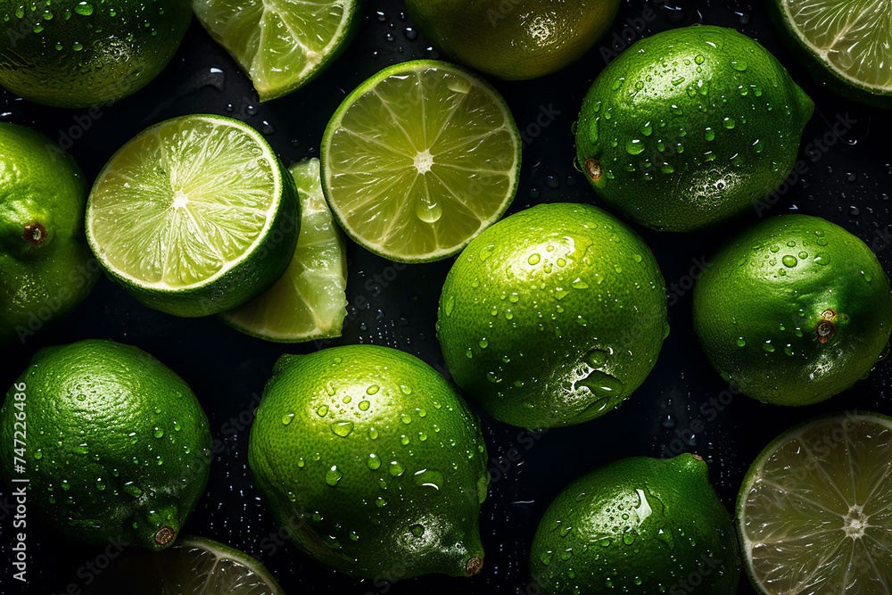 Lime, green lime slice covered with water droplets. Lime background. Lime, green lime slice covered with water droplets. Lime background.