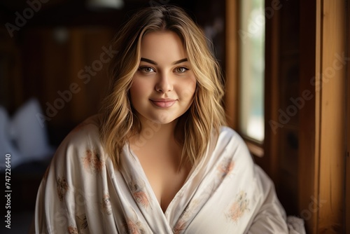 Young beautiful and chubby girl wearing a bathrobe 