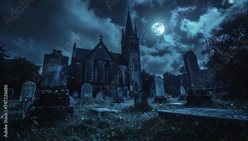 Ghostly Moonlit Night at the Church Generative AI photo