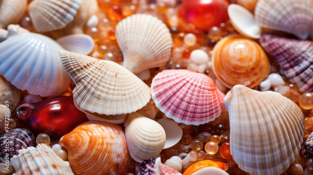 Array of seashells, each with own distinctive striations and coloration, from the deep ridges of burgundy shells to the delicate blush of pink ones. Coloration of the Sea. Oceanic background