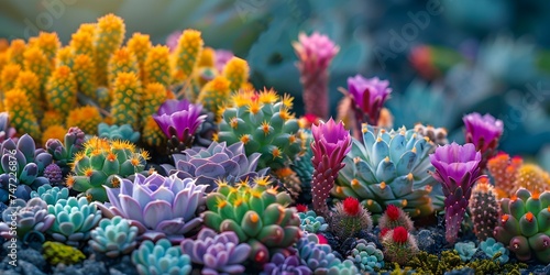 Vibrant desert landscape with diverse cacti and vegetation. Concept Desert Landscape, Diverse Cacti, Vibrant Colors, Arid Environment, Unique Vegetation © Anastasiia