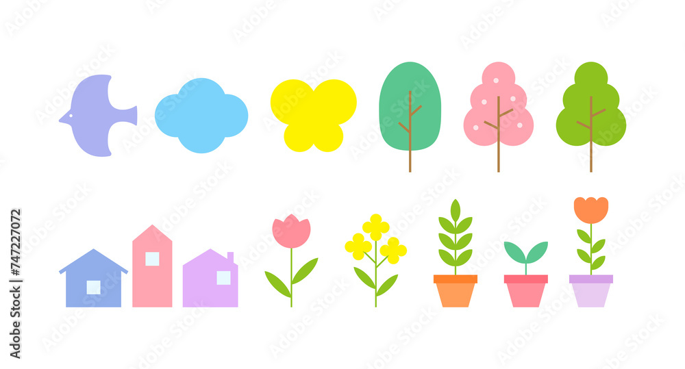 A set of spring concept illustrations with a minimalist design. Cherry blossoms, flowers, pots, plants, birds, clouds, butterflies, trees, houses, tulips, buds.