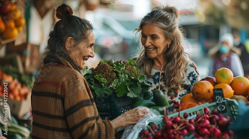 Local food market with two elederly women buying and selling vegetables