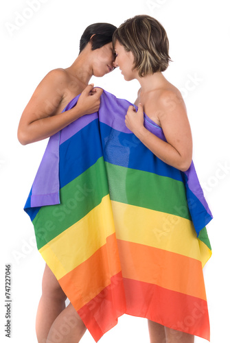 couple of women in love with lesbian rainbow flag  photo