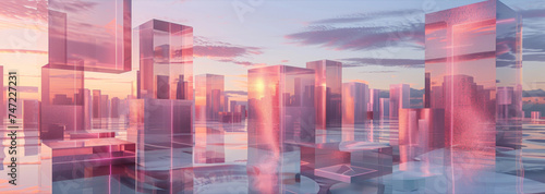 Futuristic cubes and city skyline.