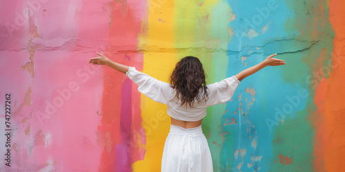 girl with open arms in a fruity painted wall mural
