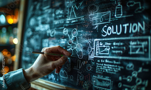 Close up of a person's hand writing the word solution with white chalk on a blackboard, representing problem solving, creativity, and successful strategies photo