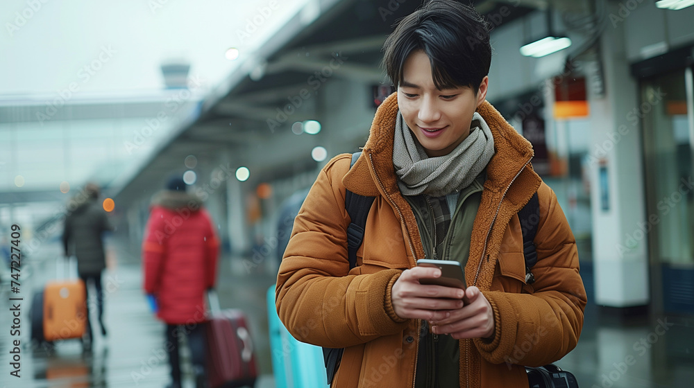 Handsome asian many using smartphone while walking with suitcase at airport terminal, young asian man browsing mobile internet on cellphone while going to flight boarding,