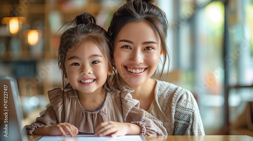 Children education and home school concept : Young asian mother pleased to see little daughters' study online sitting on desk.