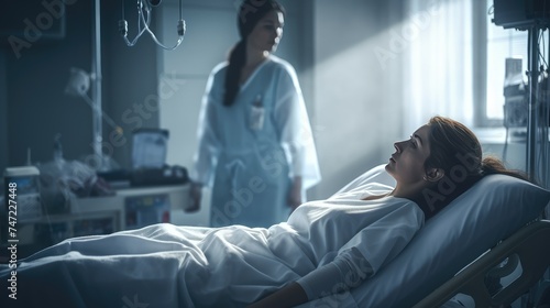 Nurse Checking on Female Patient in a Hospital Room During Early Morning Hours