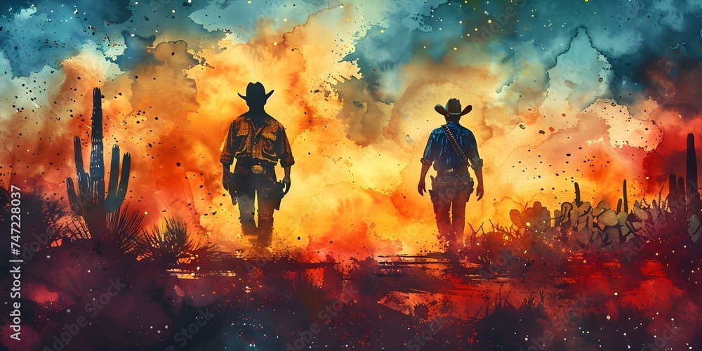Watercolor Painting of Cowboys and Cacti: A Scenic Portrait. Concept Western Art, Watercolor Painting, Cowboys, Cacti, Scenic Portrait Watercolor Painting of Cowboys and Cacti: A Scenic Portrait. Concept Western Art, Watercolor Painting, Cowboys, Cacti, Scenic Portrait