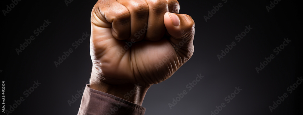 Photograph of an independent man showing the power of unity by raising a clench hand in the air
