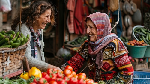 Portrait of two old women in local food market with fresh vegetables on stall