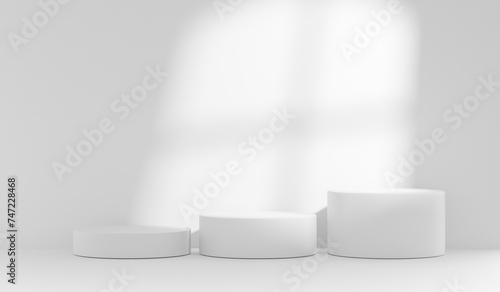 3d render Abstract white studio background for product presentation with window shadow, pedestal cosmetic products. Luxury summer architecture interior aesthetic,display scene with sunlight.