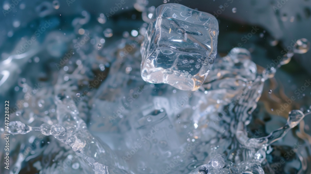 A frozen ice cube halfway through the process of being dropped into the waiting ice bucket. A frozen ice cube halfway through the process of being dropped into the waiting ice bucket.