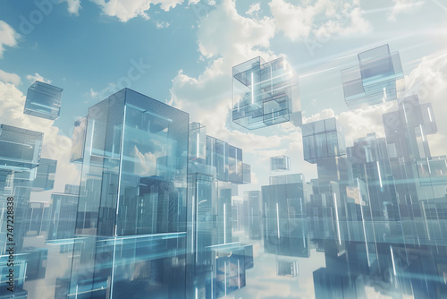 Business technology concept with transparent cubes and blue sky.
