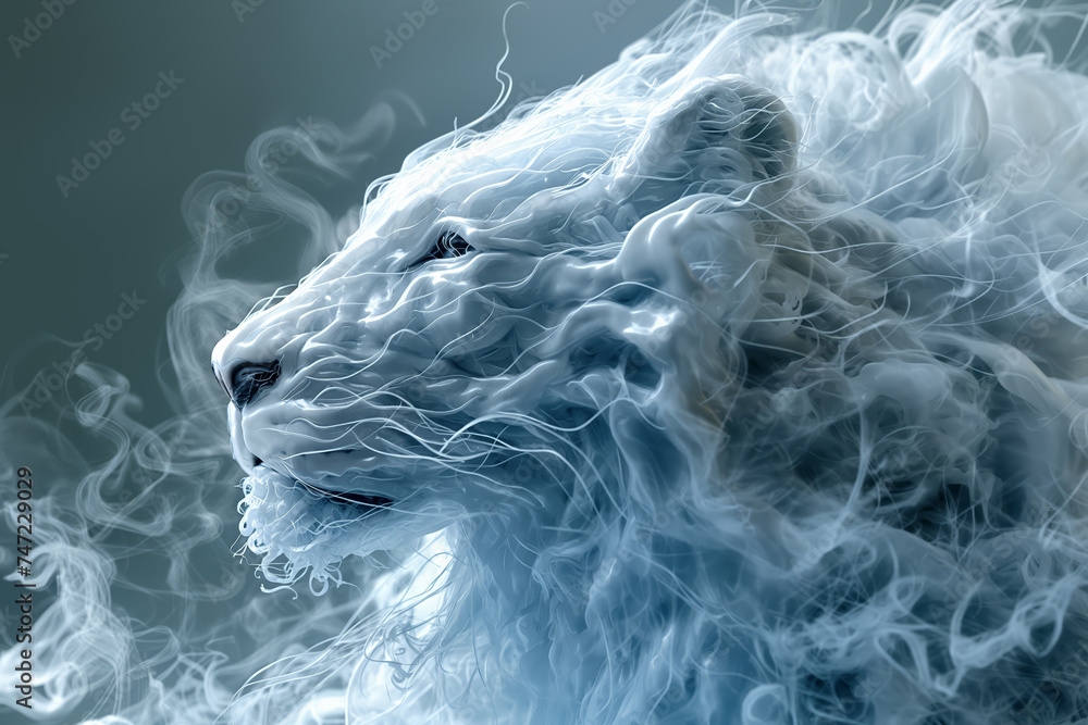 Głowa lwa fantasy opleciona dymem - obrazy, fototapety, plakaty 
