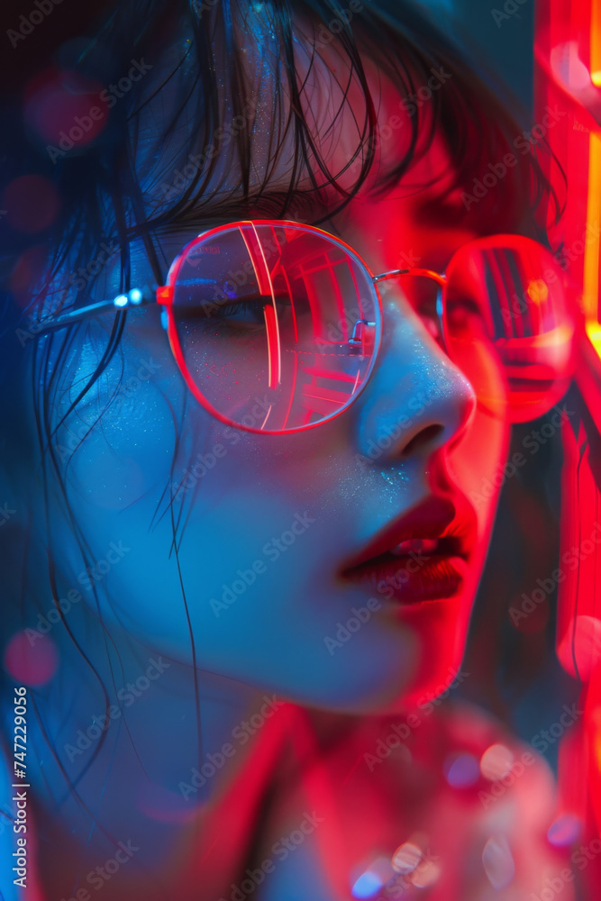 Girl in glasses and blue and red lights, in the style of futuristic chromatic waves, realistic yet ethereal Girl in glasses and blue and red lights, in the style of futuristic chromatic waves, realistic yet ethereal