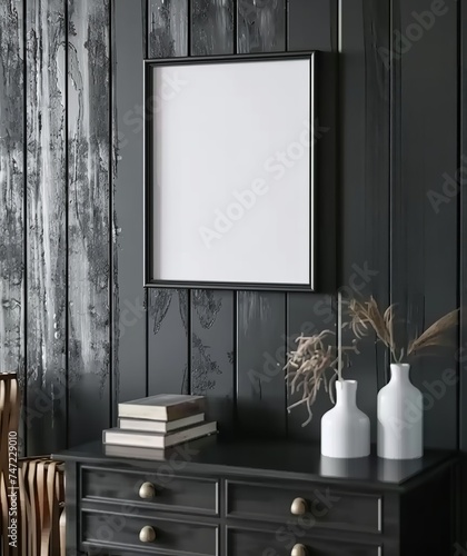 Frame Mockup in a Playful Black Living Room with Retro Decor, Presented in 3D Render. Made with Generative AI Technology