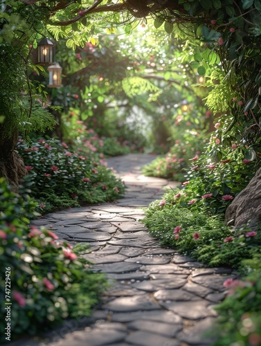Stone Path Surrounded by Trees and Flowers