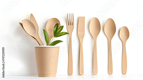 Eco-friendly disposable tableware on white background. wooden forks and spoons in paper cup. 